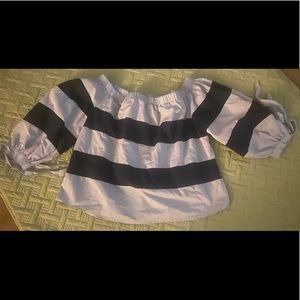 Off the shoulder navy and light blue striped shirt